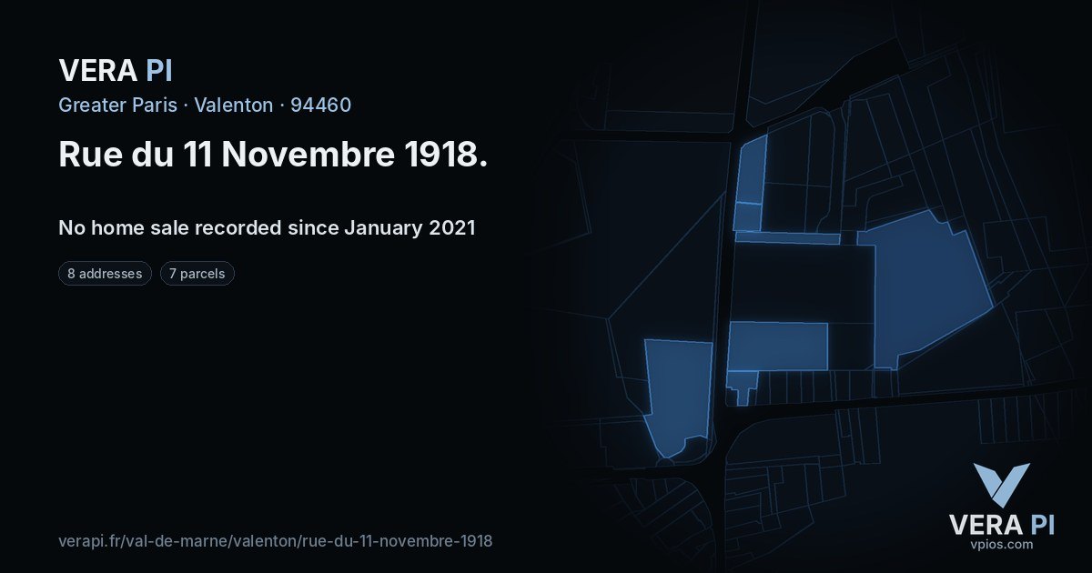 Rue du 11 Novembre 1918, Valenton at night – every parcel coloured by the prices around it, the street's own parcels lit