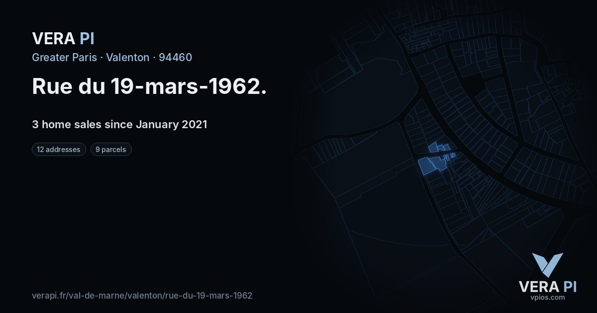 Rue du 19-mars-1962, Valenton at night – every parcel coloured by the prices around it, the street's own parcels lit