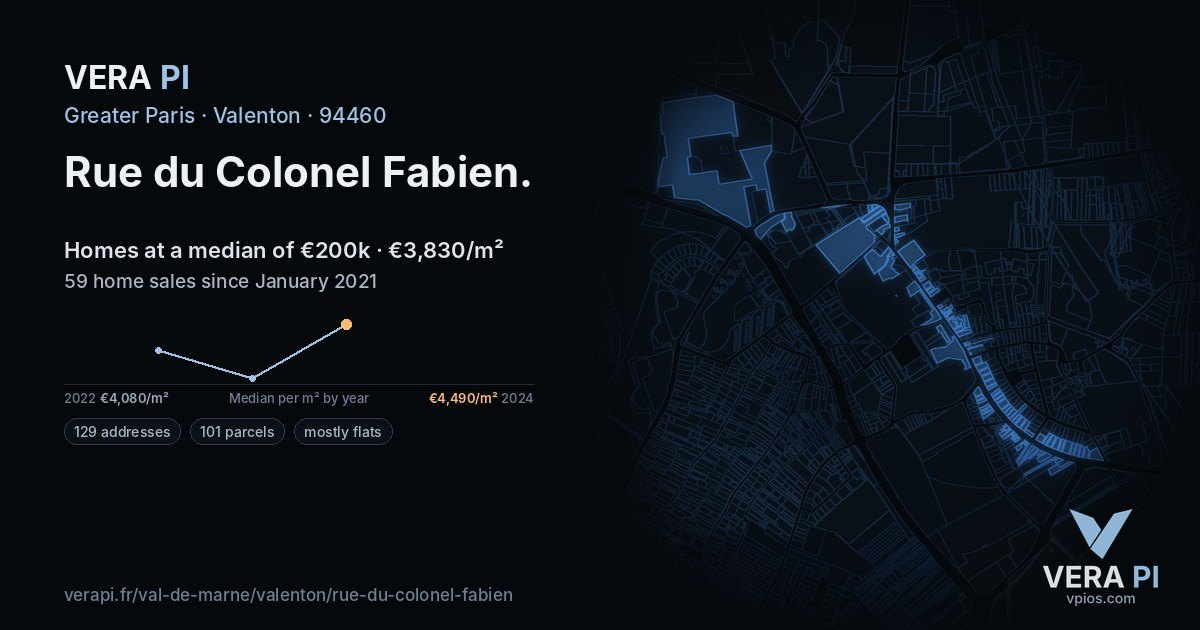 Rue du Colonel Fabien, Valenton at night – every parcel coloured by the prices around it, the street's own parcels lit