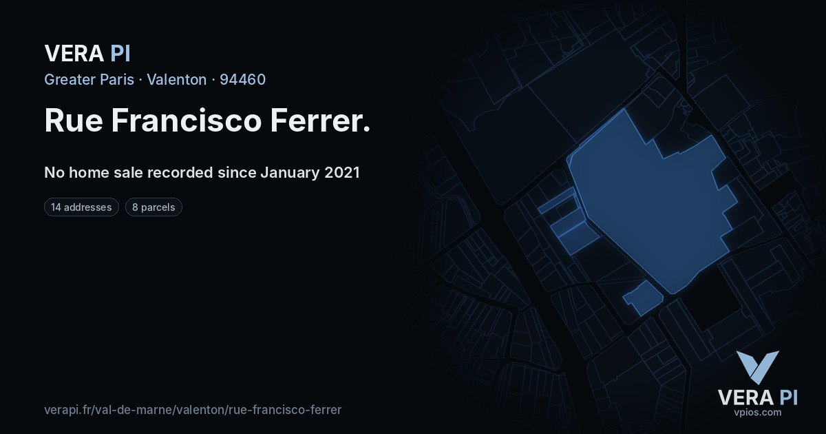 Rue Francisco Ferrer, Valenton at night – every parcel coloured by the prices around it, the street's own parcels lit