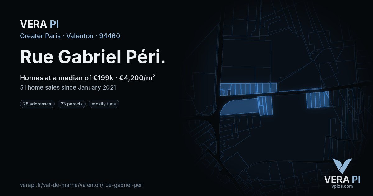 Rue Gabriel Péri, Valenton at night – every parcel coloured by the prices around it, the street's own parcels lit