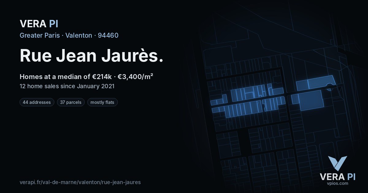 Rue Jean Jaurès, Valenton at night – every parcel coloured by the prices around it, the street's own parcels lit