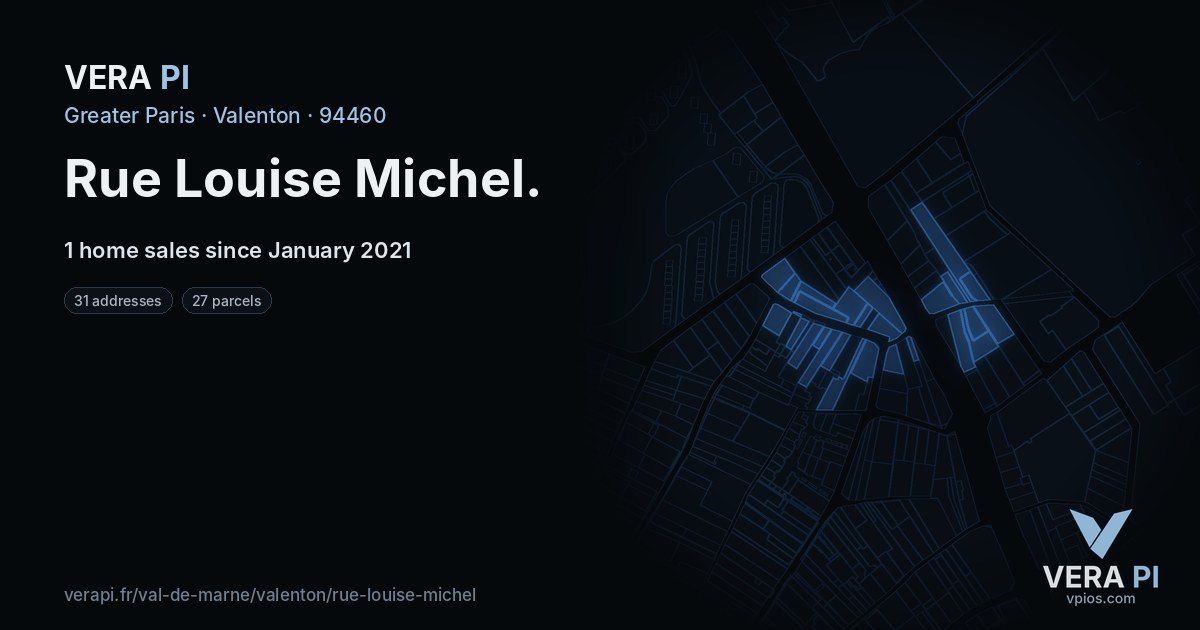 Rue Louise Michel, Valenton at night – every parcel coloured by the prices around it, the street's own parcels lit