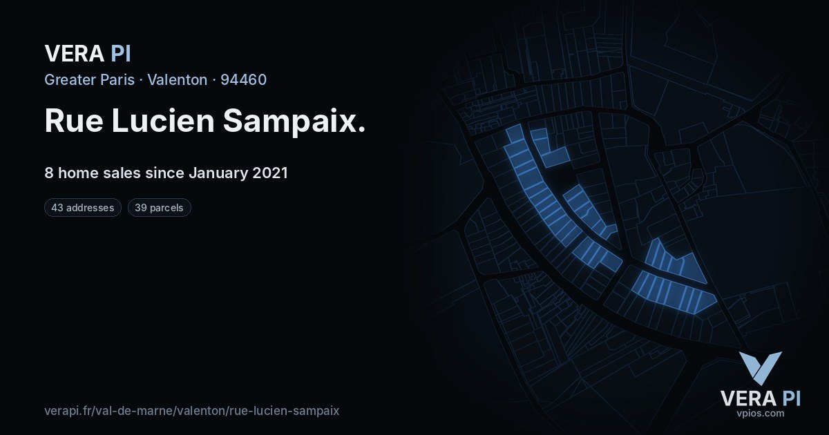 Rue Lucien Sampaix, Valenton at night – every parcel coloured by the prices around it, the street's own parcels lit
