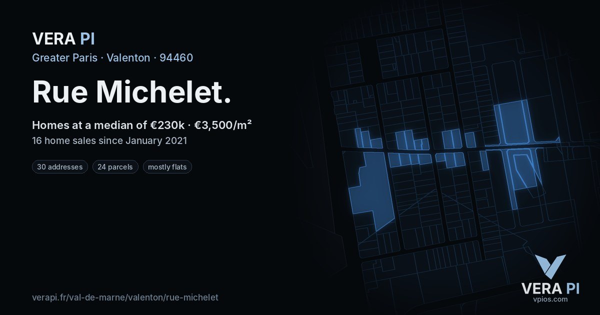 Rue Michelet, Valenton at night – every parcel coloured by the prices around it, the street's own parcels lit