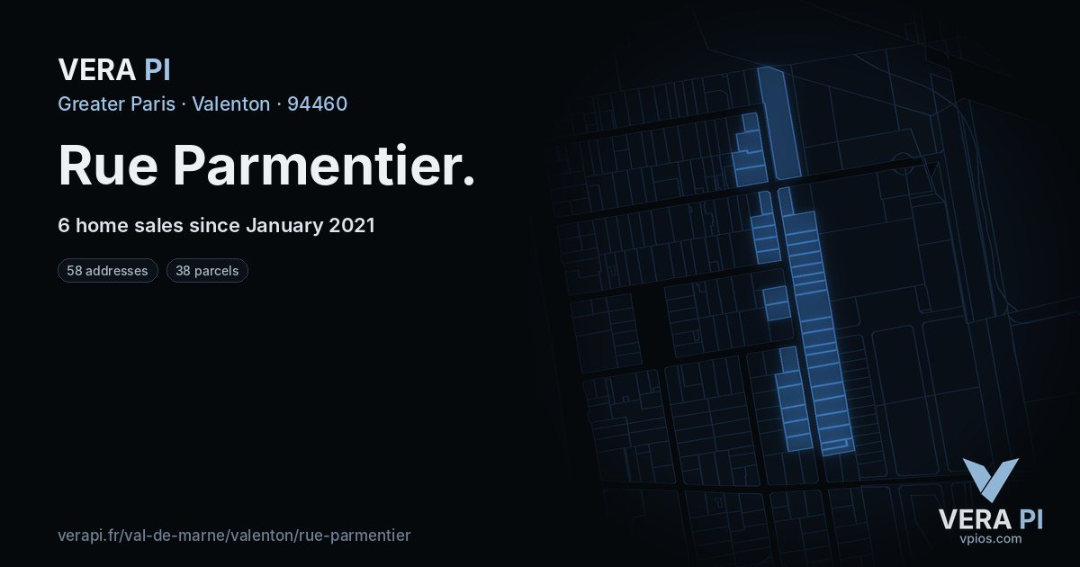 Rue Parmentier, Valenton at night – every parcel coloured by the prices around it, the street's own parcels lit