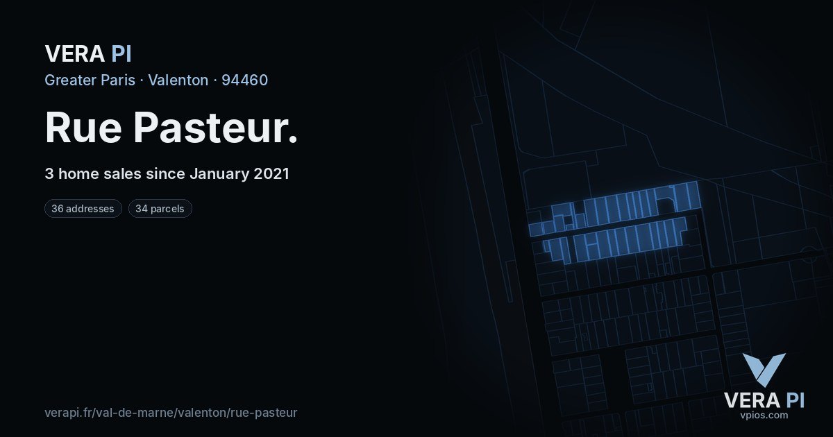 Rue Pasteur, Valenton at night – every parcel coloured by the prices around it, the street's own parcels lit