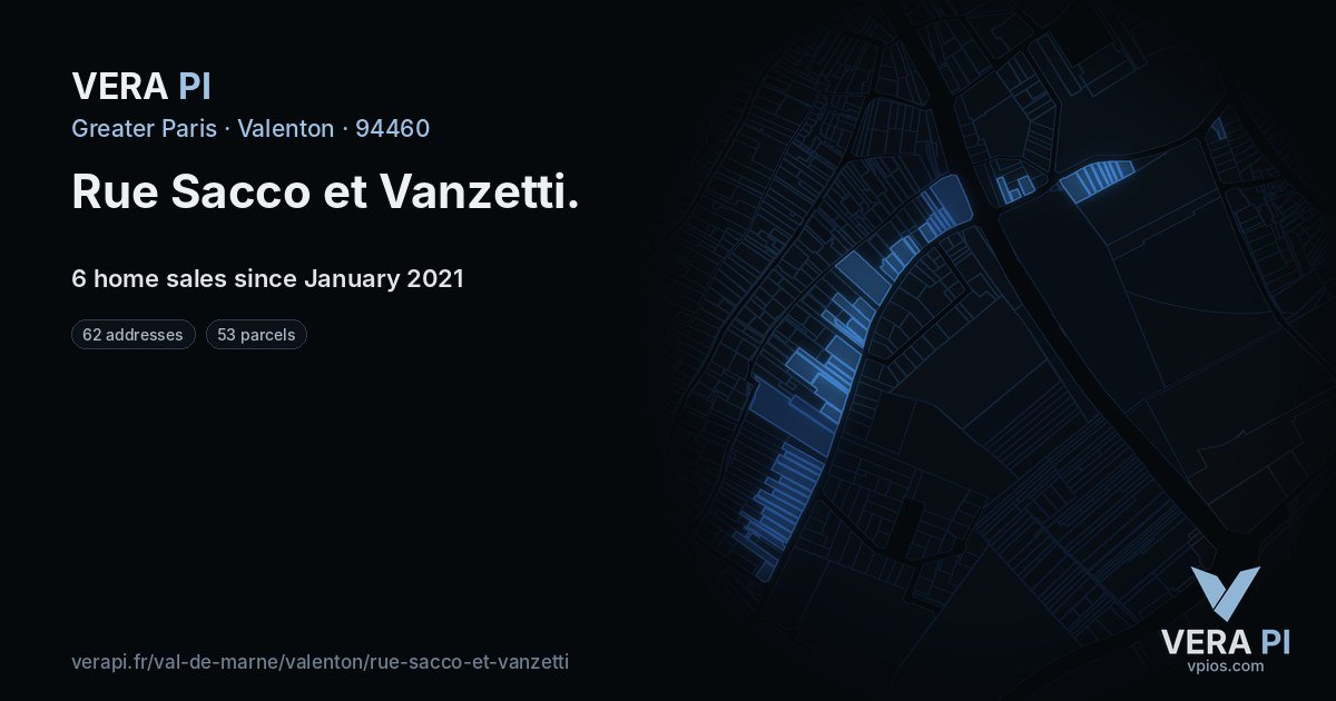 Rue Sacco et Vanzetti, Valenton at night – every parcel coloured by the prices around it, the street's own parcels lit