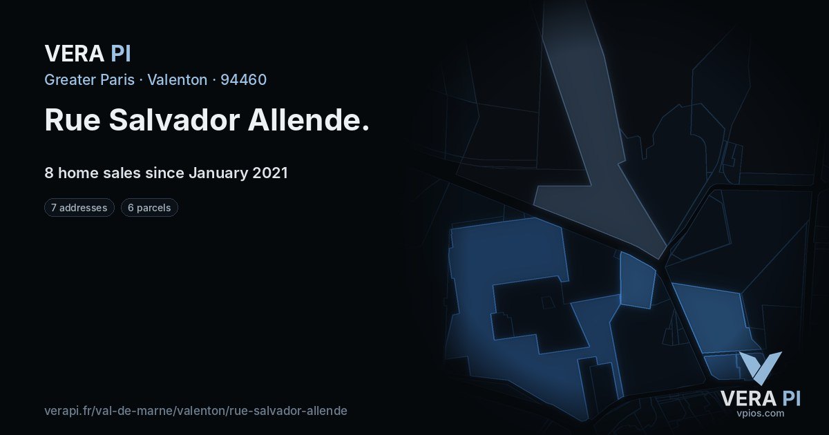 Rue Salvador Allende, Valenton at night – every parcel coloured by the prices around it, the street's own parcels lit