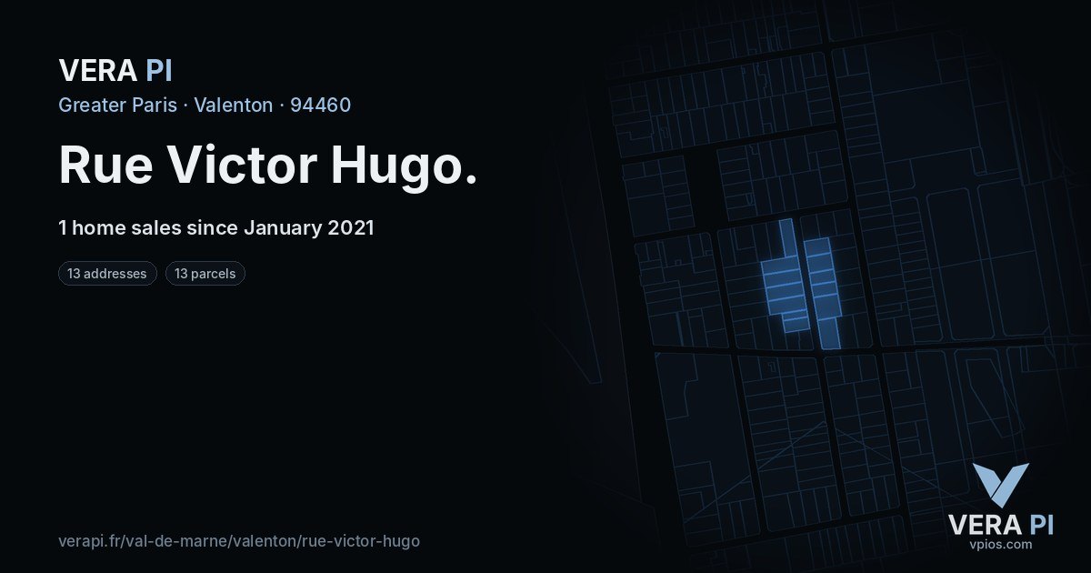 Rue Victor Hugo, Valenton at night – every parcel coloured by the prices around it, the street's own parcels lit