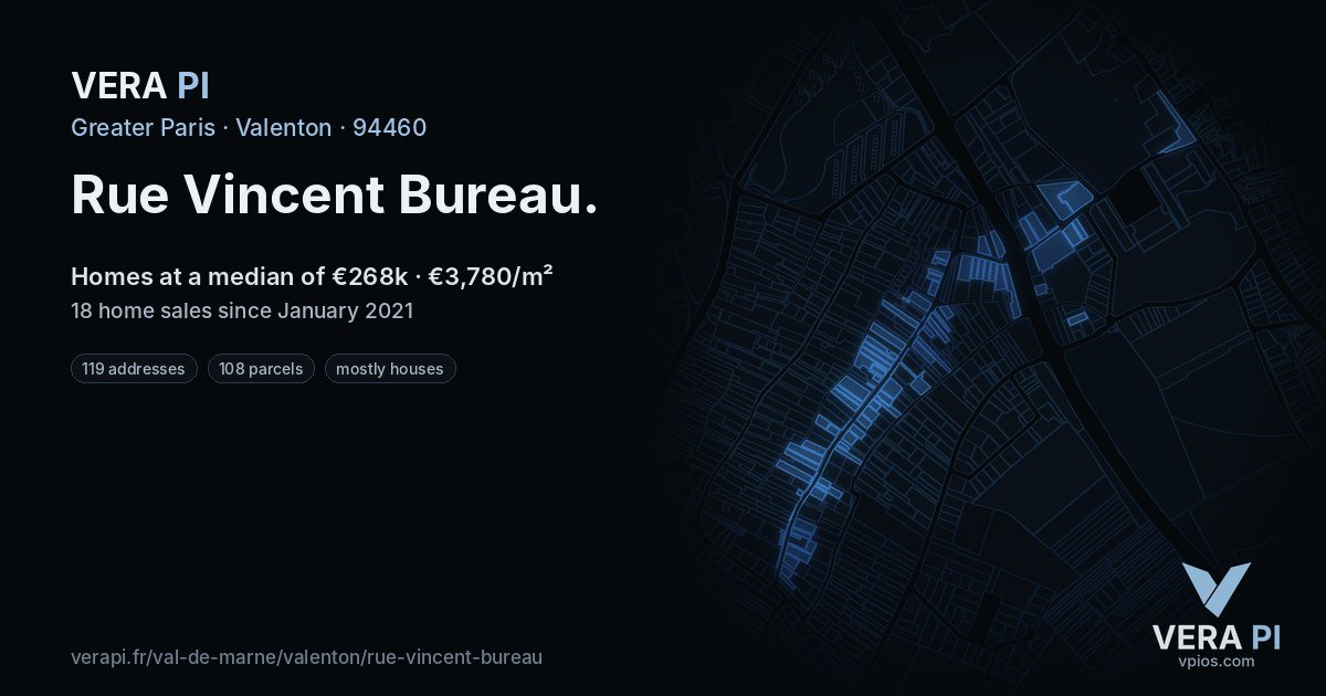 Rue Vincent Bureau, Valenton at night – every parcel coloured by the prices around it, the street's own parcels lit