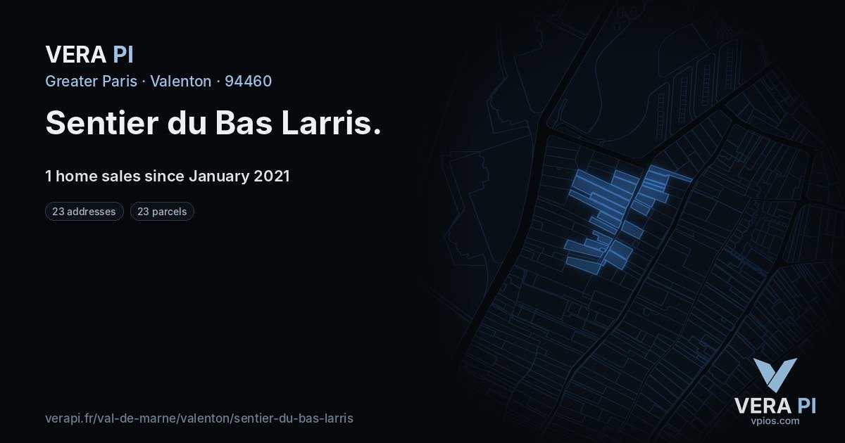 Sentier du Bas Larris, Valenton at night – every parcel coloured by the prices around it, the street's own parcels lit