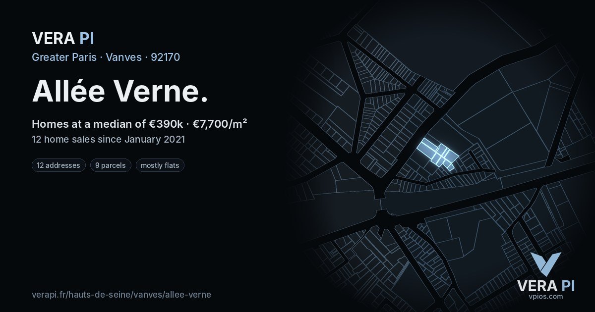 Allée Verne, Vanves at night – every parcel coloured by the prices around it, the street's own parcels lit