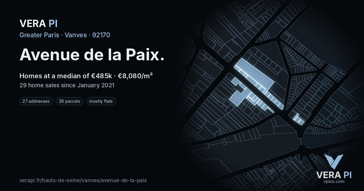 Avenue de la Paix, Vanves at night – every parcel coloured by the prices around it, the street's own parcels lit