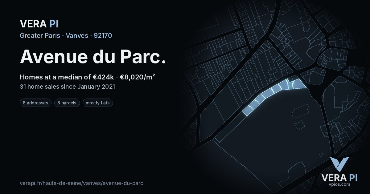 Avenue du Parc, Vanves at night – every parcel coloured by the prices around it, the street's own parcels lit