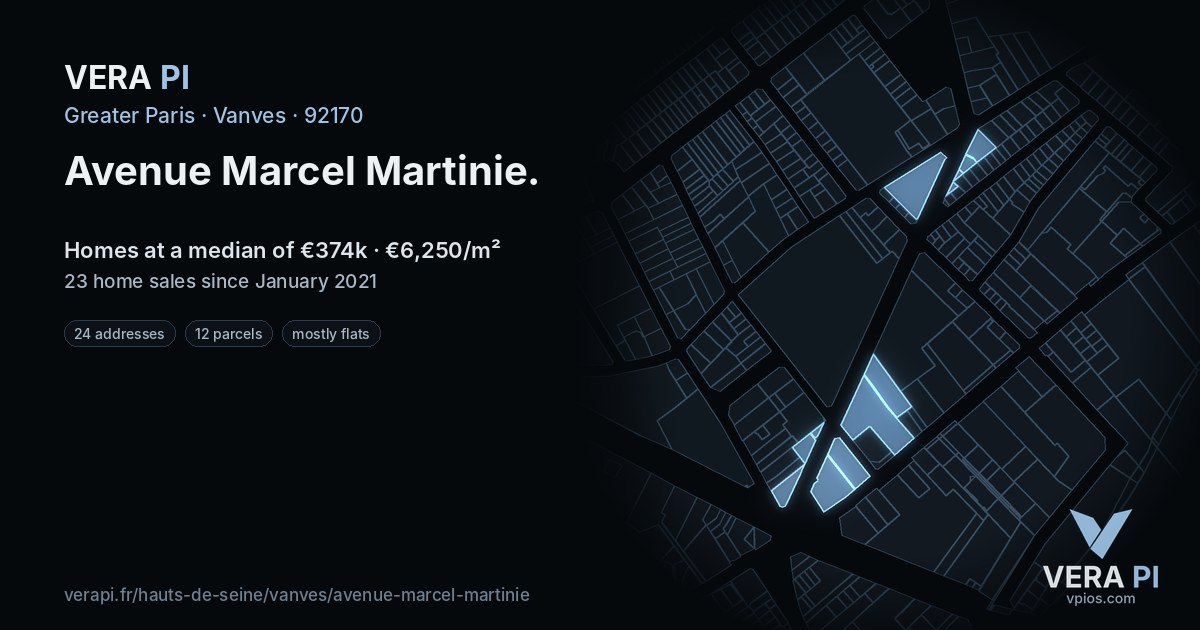 Avenue Marcel Martinie, Vanves at night – every parcel coloured by the prices around it, the street's own parcels lit