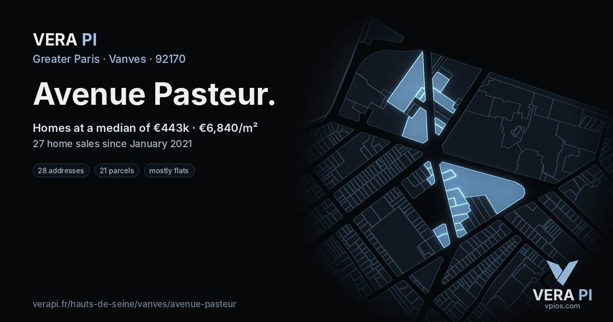Avenue Pasteur, Vanves at night – every parcel coloured by the prices around it, the street's own parcels lit