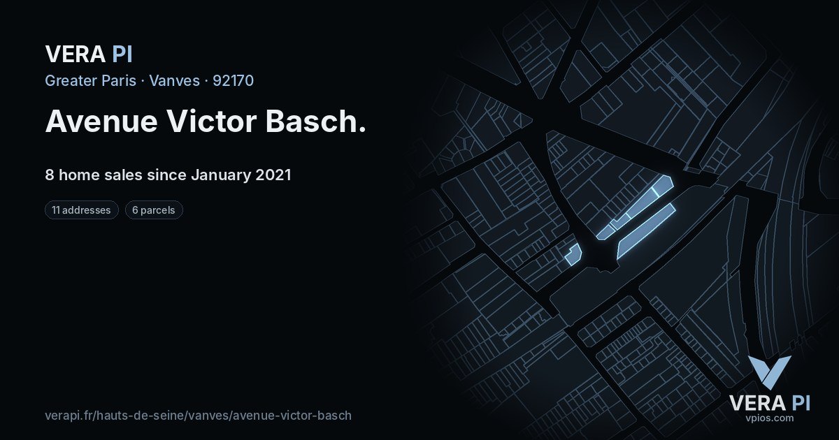 Avenue Victor Basch, Vanves at night – every parcel coloured by the prices around it, the street's own parcels lit