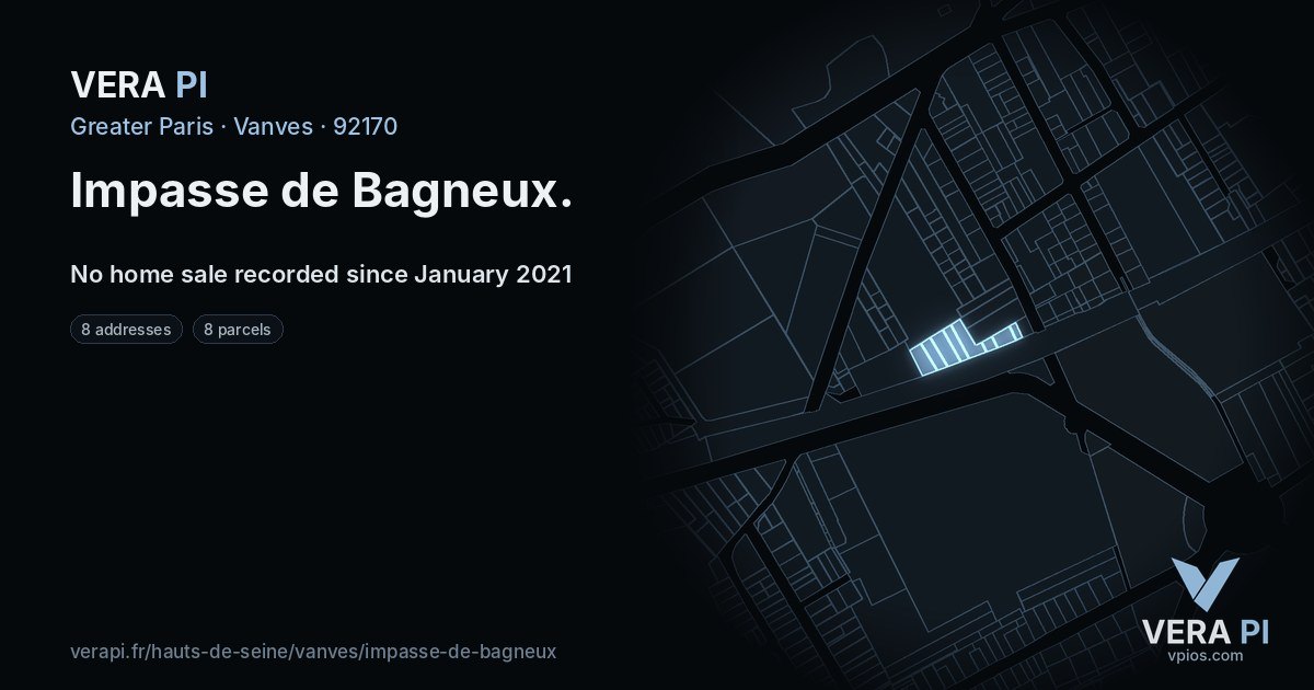 Impasse de Bagneux, Vanves at night – every parcel coloured by the prices around it, the street's own parcels lit