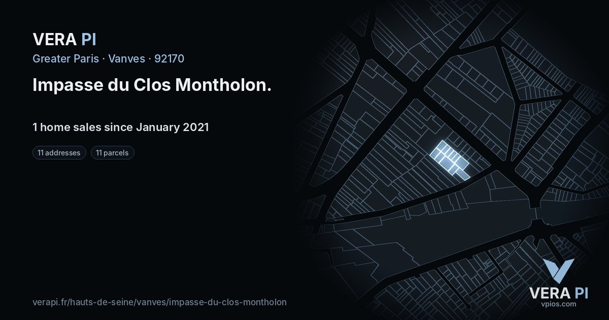 Impasse du Clos Montholon, Vanves at night – every parcel coloured by the prices around it, the street's own parcels lit