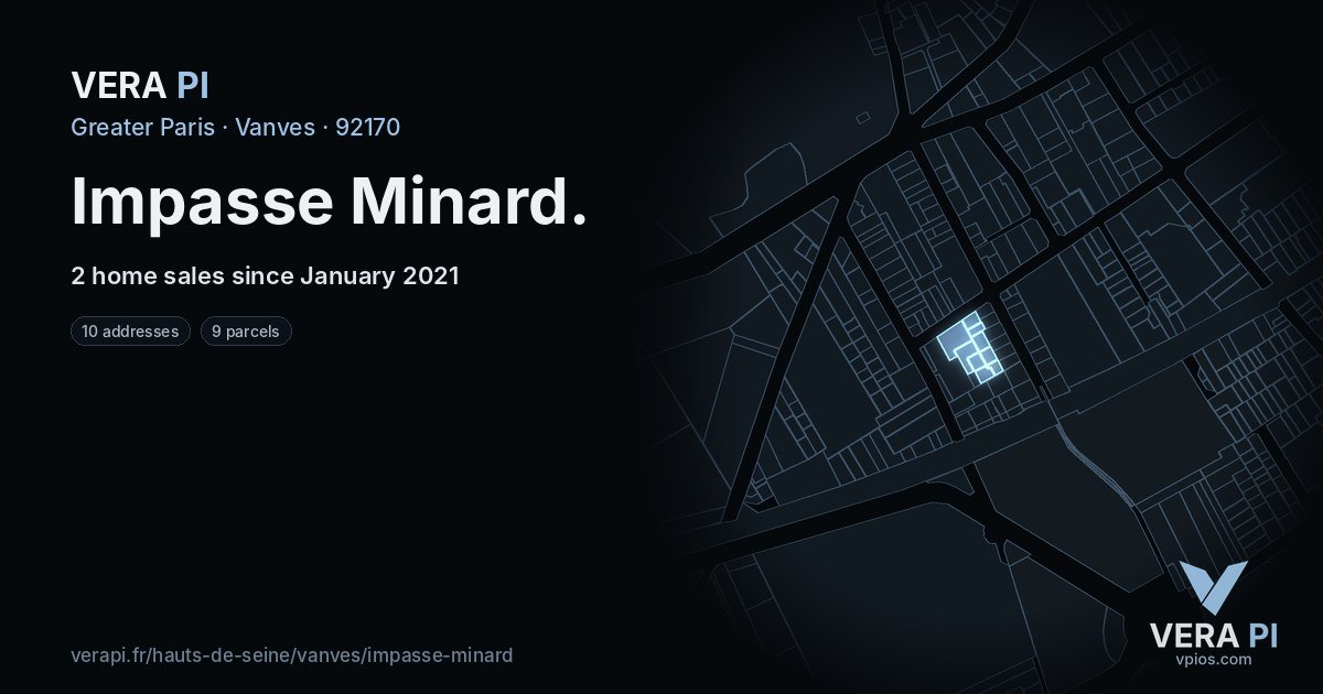 Impasse Minard, Vanves at night – every parcel coloured by the prices around it, the street's own parcels lit