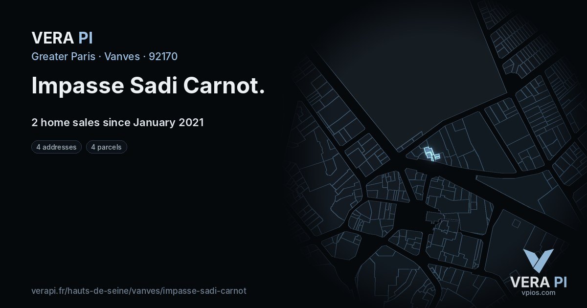 Impasse Sadi Carnot, Vanves at night – every parcel coloured by the prices around it, the street's own parcels lit
