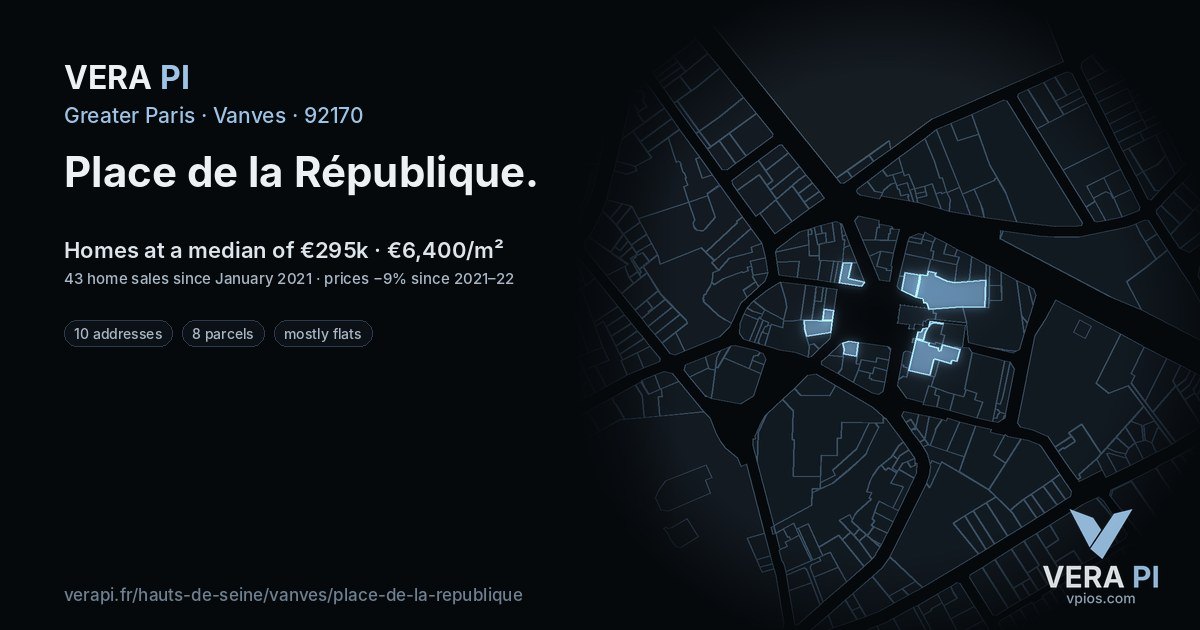 Place de la République, Vanves at night – every parcel coloured by the prices around it, the street's own parcels lit
