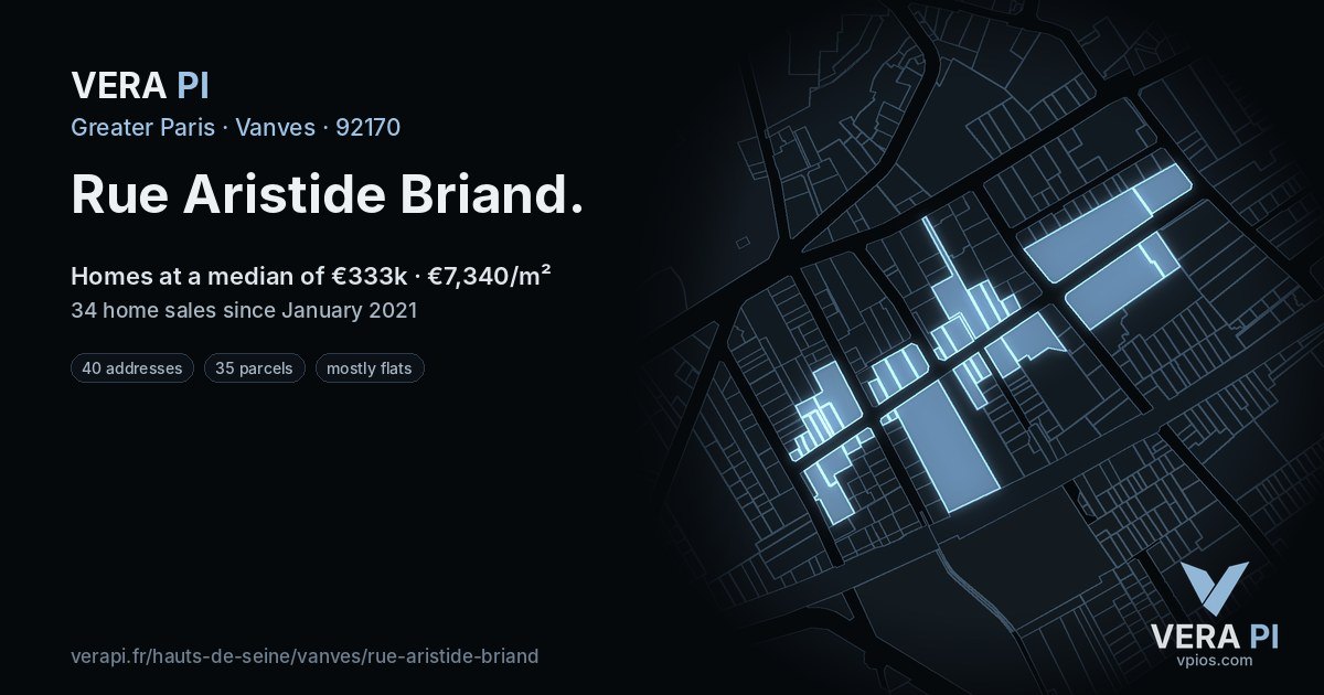 Rue Aristide Briand, Vanves at night – every parcel coloured by the prices around it, the street's own parcels lit