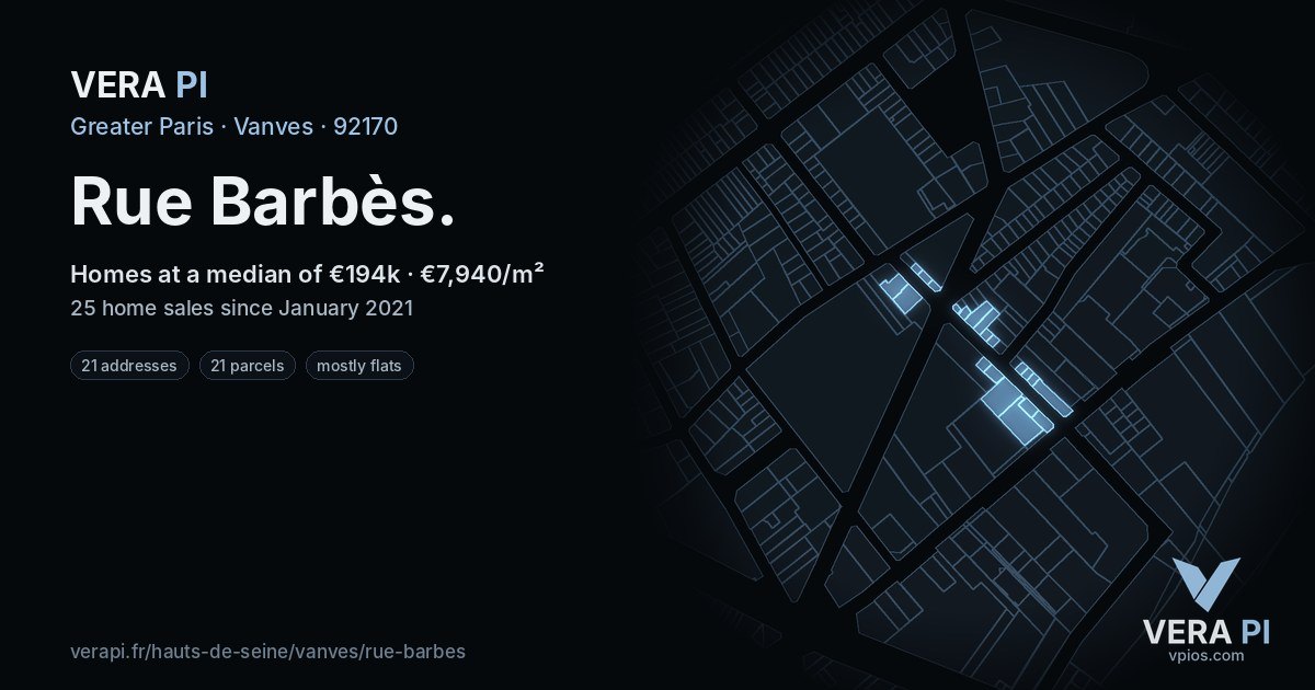 Rue Barbès, Vanves at night – every parcel coloured by the prices around it, the street's own parcels lit