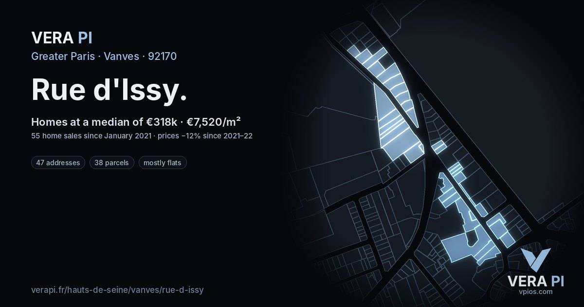 Rue d'Issy, Vanves at night – every parcel coloured by the prices around it, the street's own parcels lit