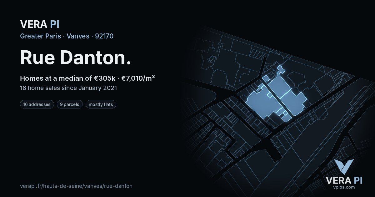 Rue Danton, Vanves at night – every parcel coloured by the prices around it, the street's own parcels lit