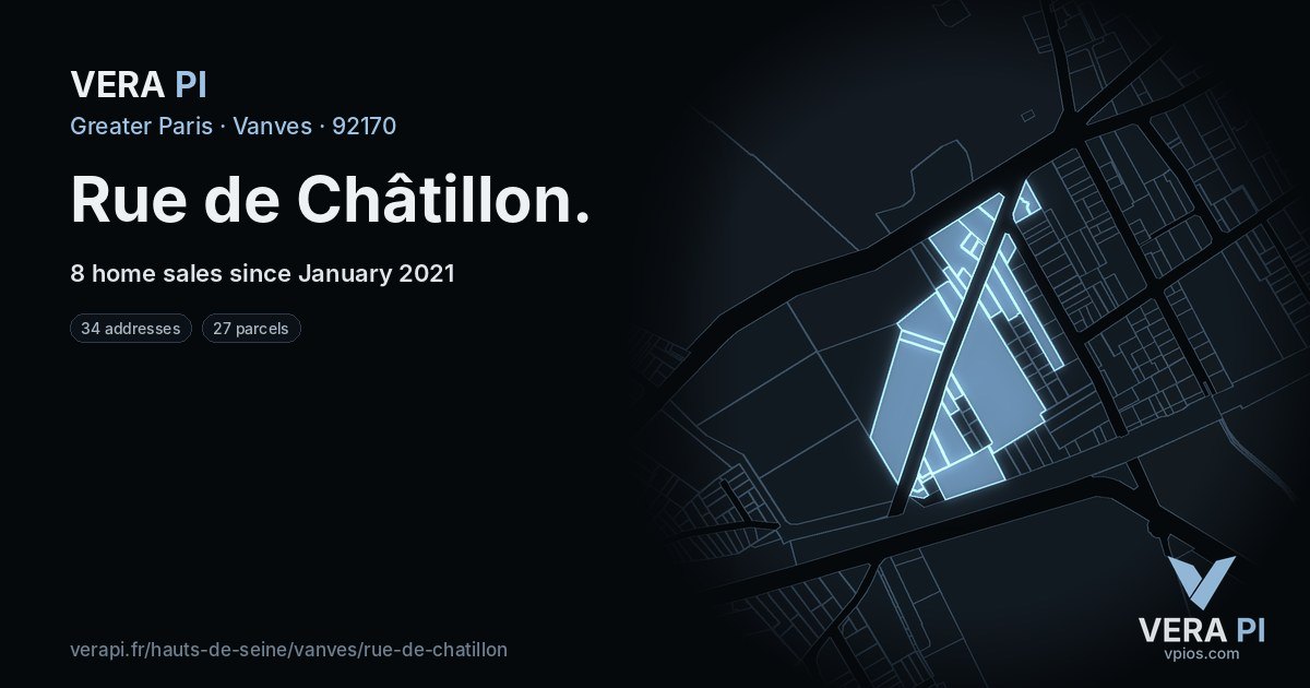 Rue de Châtillon, Vanves at night – every parcel coloured by the prices around it, the street's own parcels lit