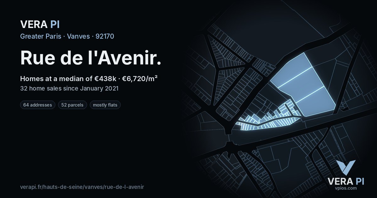 Rue de l'Avenir, Vanves at night – every parcel coloured by the prices around it, the street's own parcels lit