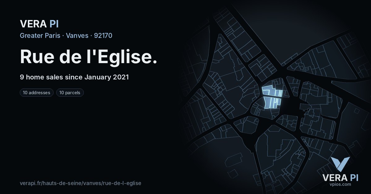 Rue de l'Eglise, Vanves at night – every parcel coloured by the prices around it, the street's own parcels lit