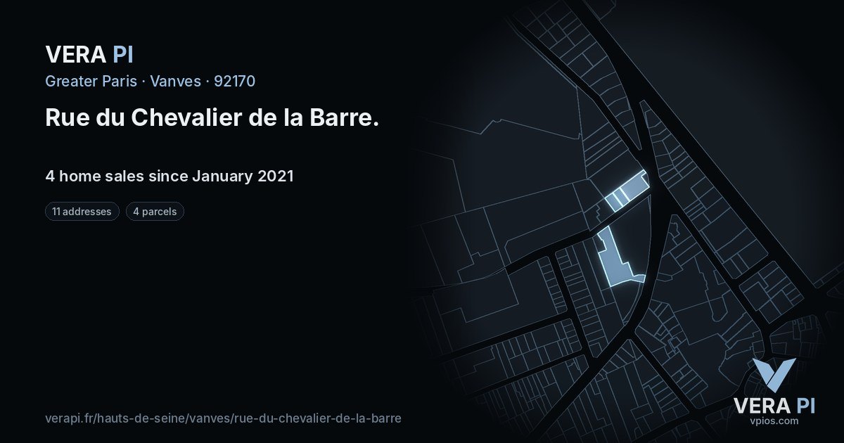 Rue du Chevalier de la Barre, Vanves at night – every parcel coloured by the prices around it, the street's own parcels lit