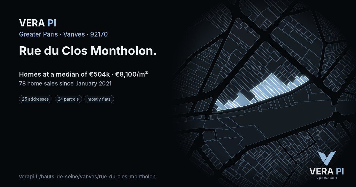 Rue du Clos Montholon, Vanves at night – every parcel coloured by the prices around it, the street's own parcels lit