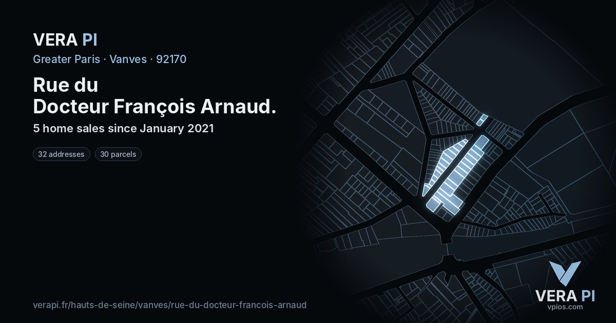 Rue du Docteur François Arnaud, Vanves at night – every parcel coloured by the prices around it, the street's own parcels lit