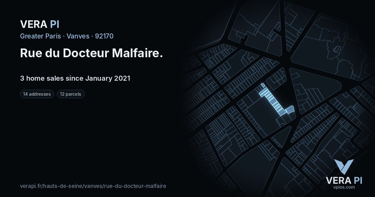 Rue du Docteur Malfaire, Vanves at night – every parcel coloured by the prices around it, the street's own parcels lit