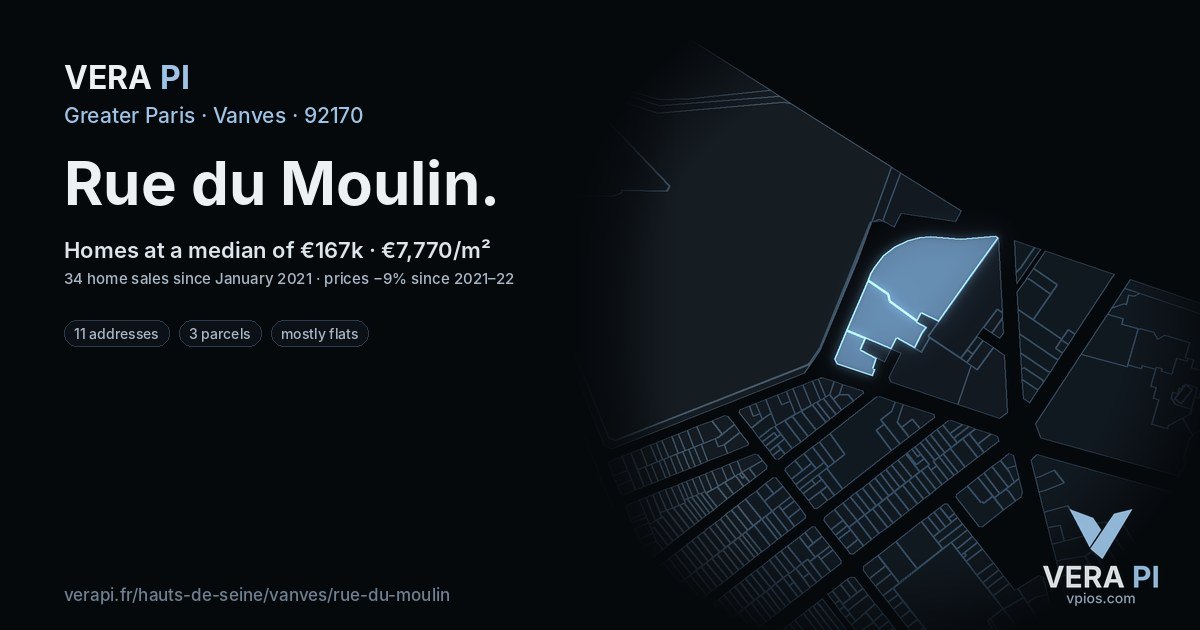 Rue du Moulin, Vanves at night – every parcel coloured by the prices around it, the street's own parcels lit