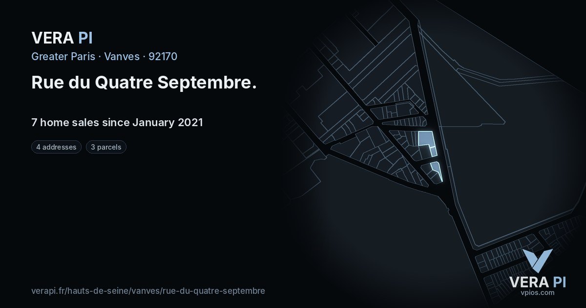 Rue du Quatre Septembre, Vanves at night – every parcel coloured by the prices around it, the street's own parcels lit