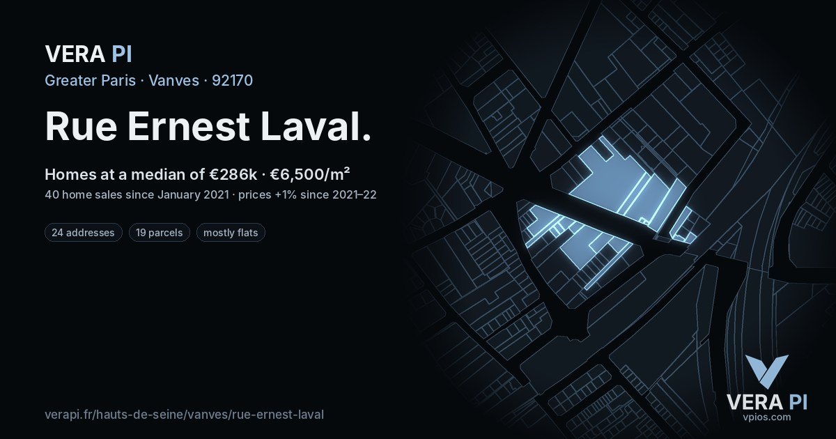 Rue Ernest Laval, Vanves at night – every parcel coloured by the prices around it, the street's own parcels lit