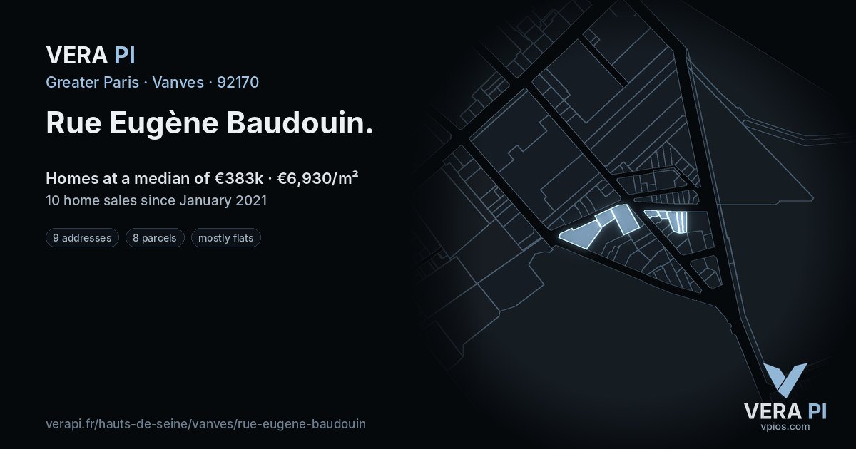 Rue Eugène Baudouin, Vanves at night – every parcel coloured by the prices around it, the street's own parcels lit