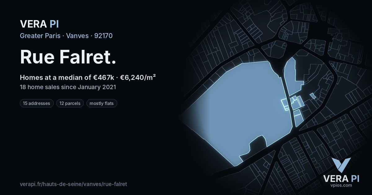 Rue Falret, Vanves at night – every parcel coloured by the prices around it, the street's own parcels lit