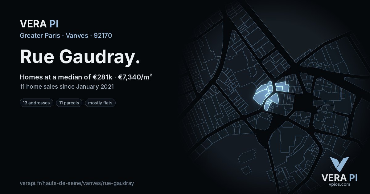 Rue Gaudray, Vanves at night – every parcel coloured by the prices around it, the street's own parcels lit