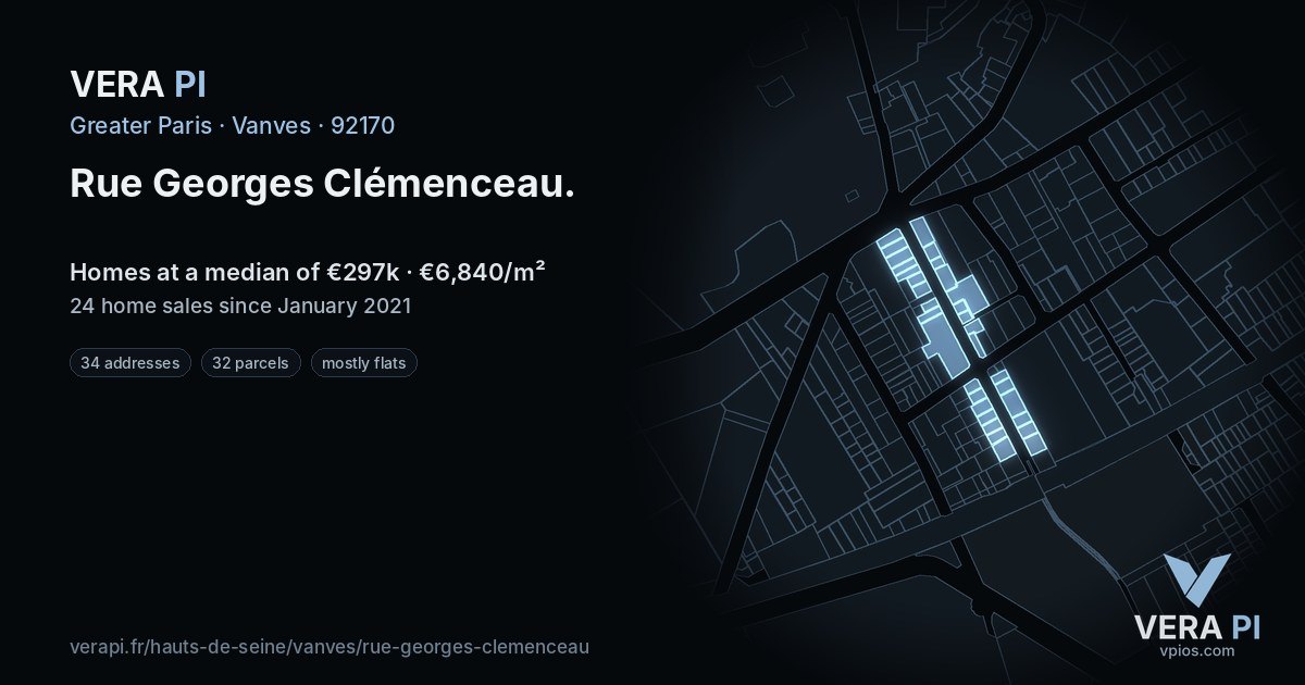 Rue Georges Clémenceau, Vanves at night – every parcel coloured by the prices around it, the street's own parcels lit