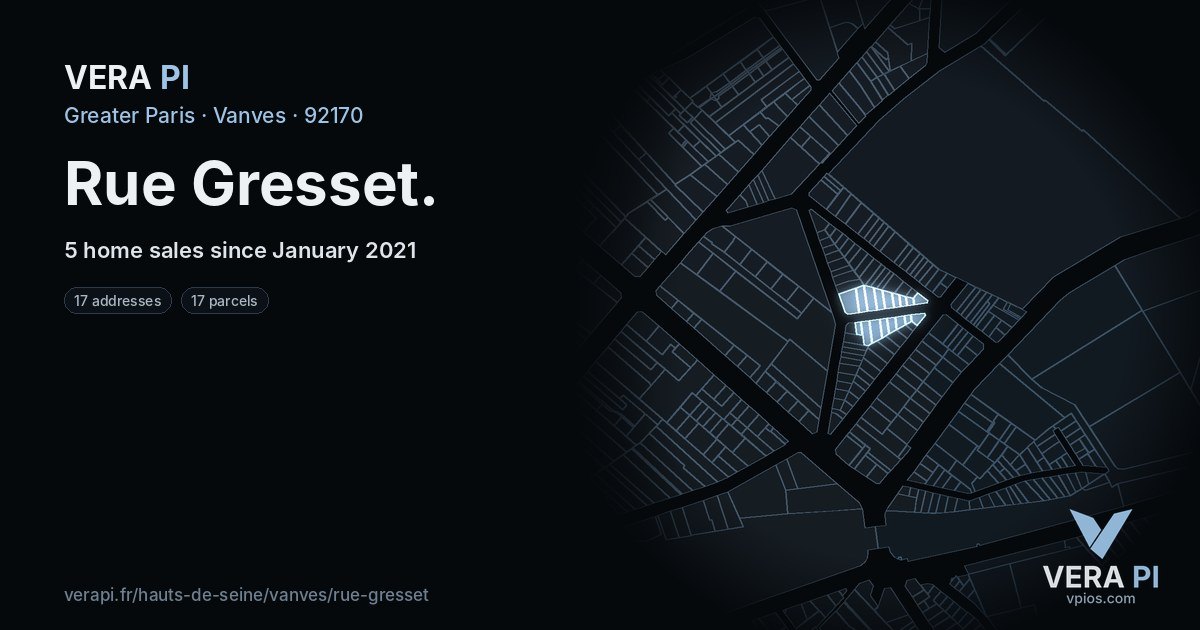 Rue Gresset, Vanves at night – every parcel coloured by the prices around it, the street's own parcels lit