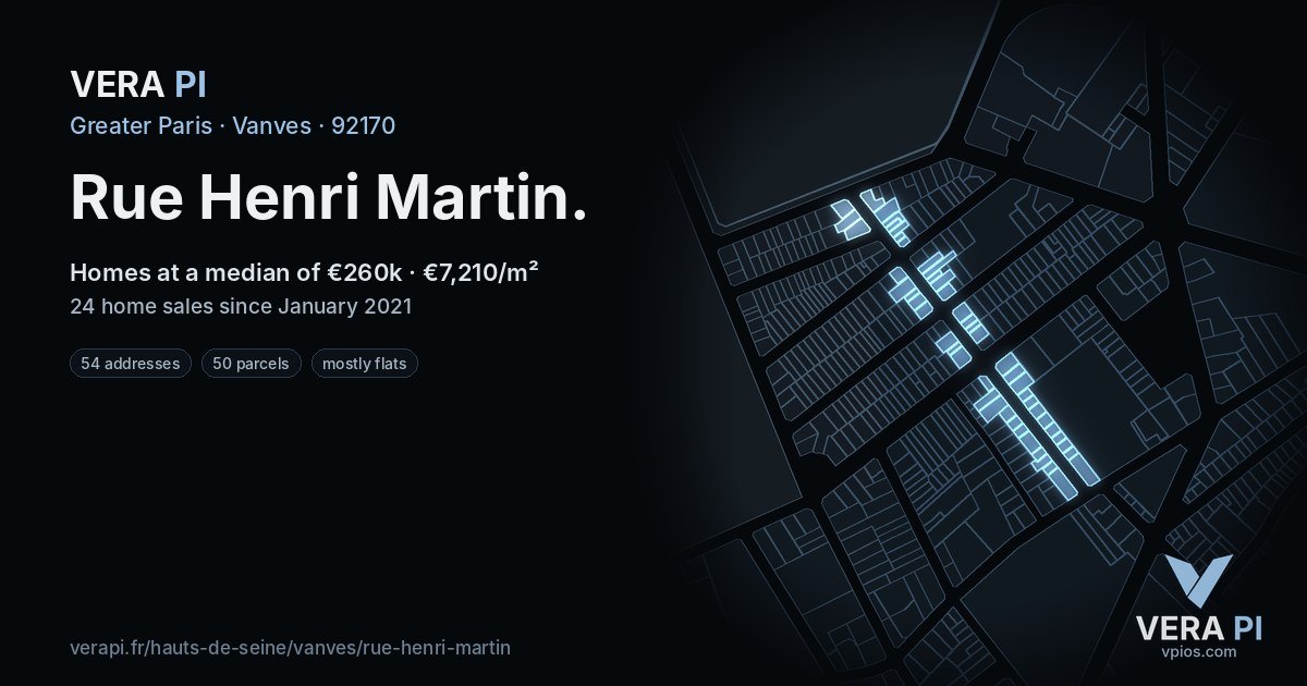 Rue Henri Martin, Vanves at night – every parcel coloured by the prices around it, the street's own parcels lit