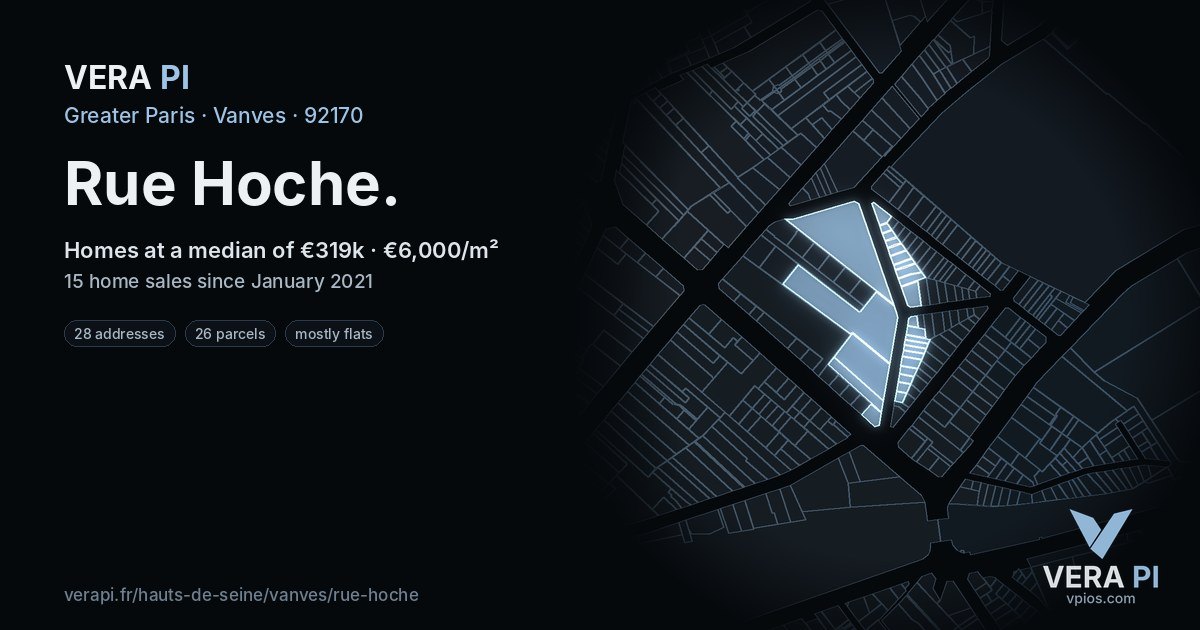 Rue Hoche, Vanves at night – every parcel coloured by the prices around it, the street's own parcels lit