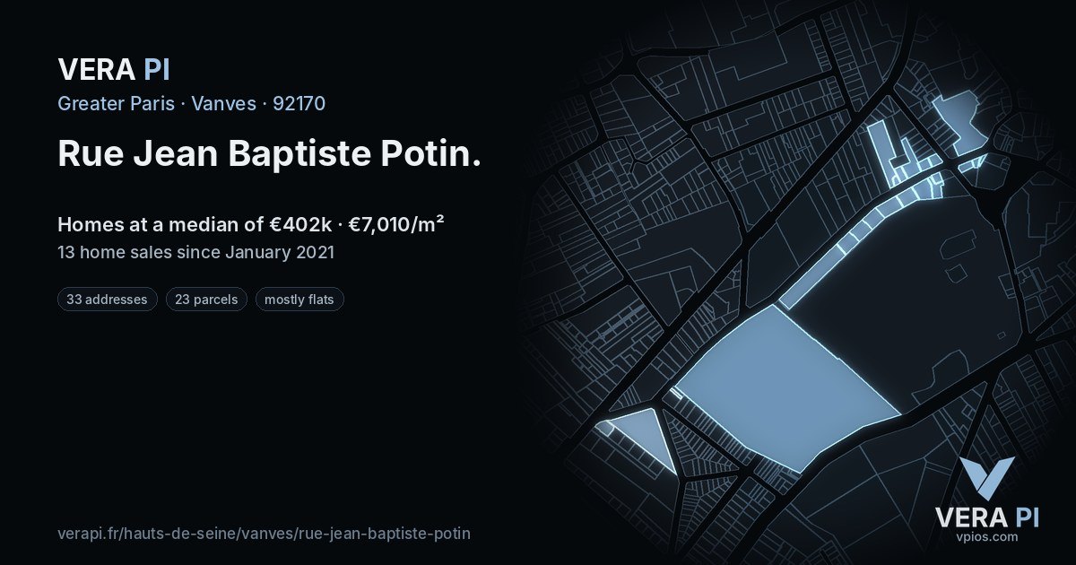 Rue Jean Baptiste Potin, Vanves at night – every parcel coloured by the prices around it, the street's own parcels lit