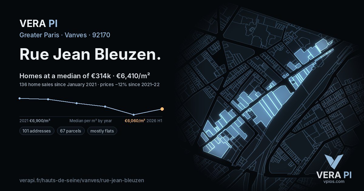 Rue Jean Bleuzen, Vanves at night – every parcel coloured by the prices around it, the street's own parcels lit